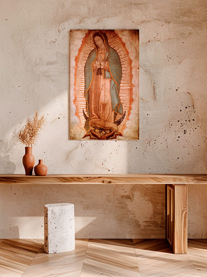 Cuadro pequeño de la Virgen de Guadalupe sobre pared rústica con mesa de madera y jarrones decorativos – arte guadalupano contemporáneo de Nueva Línea.