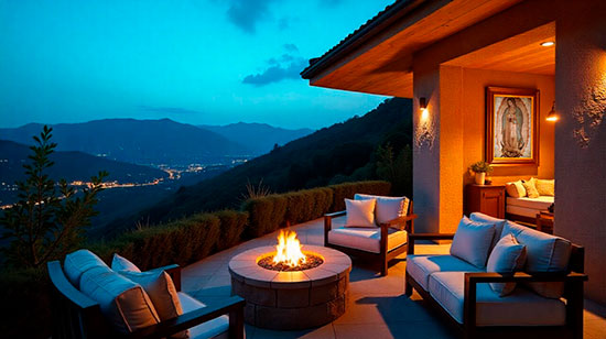 Cuadro de la Virgen de Guadalupe decorando la terraza de una casa en la montaña al amanecer, con sillones y fogata encendida – arte guadalupano de Nueva Línea.