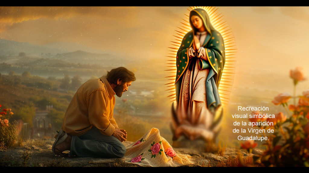 Representación artística de la aparición de la Virgen de Guadalupe en el cerro del Tepeyac, inspirada en el encuentro con Juan Diego y el milagro de las rosas.
