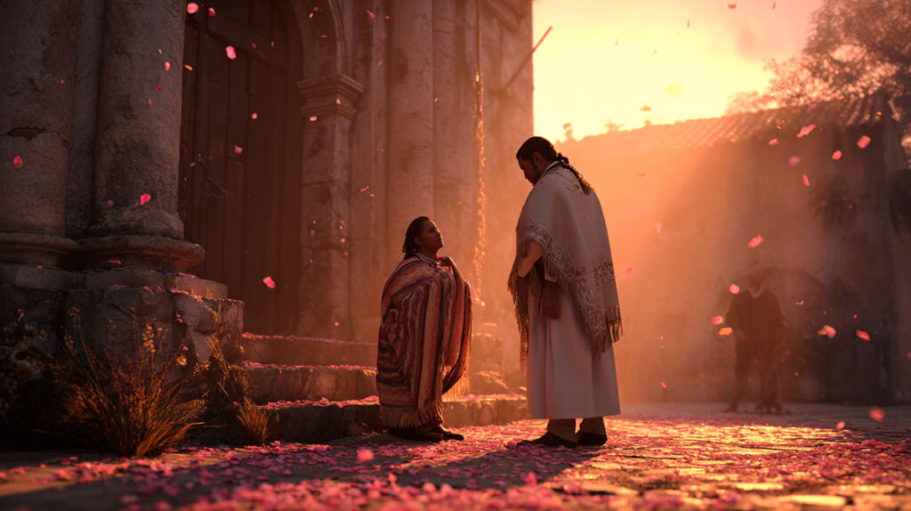Juan Diego mostrando la tilma con la Virgen de Guadalupe frente al sacerdote, rodeado de pétalos de rosa al amanecer.