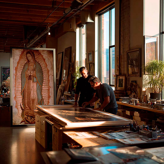 Dos artesanos trabajando en el área de montaje de una fábrica de cuadros de la Virgen de Guadalupe, revisando una impresión artística en gran formato iluminada por luz natural.