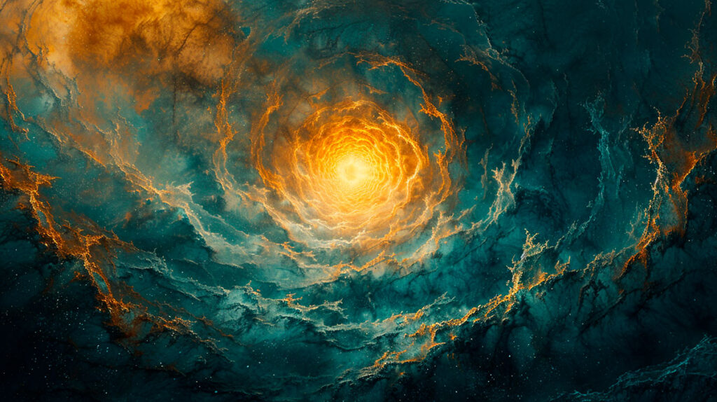 “Pintura abstracta circular en tonos turquesa, dorado y plateado que representa la armonía de los significados de la Virgen de Guadalupe a través de luz, color y textura.”