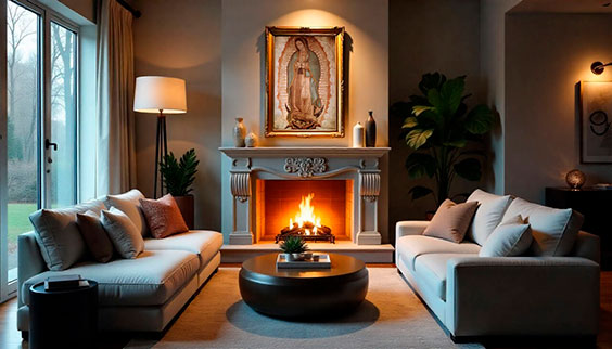 Cuadro de la Virgen de Guadalupe sobre una chimenea encendida en sala moderna de cabaña, con sofás beige y luz cálida – arte guadalupano decorativo de Nueva Línea