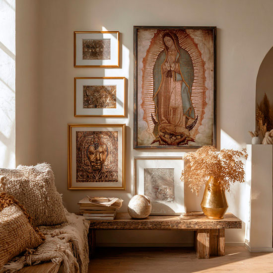 cuadro de la Virgen de Guadalupe en sala moderna con decoración mexicana contemporánea