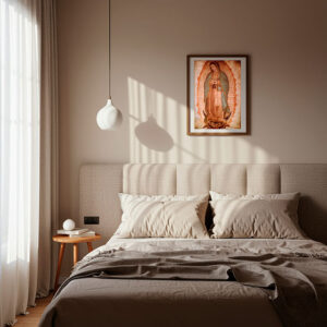 cuadro de la Virgen de Guadalupe chica decorando consola de mármol en entrada moderna con plantas naturales