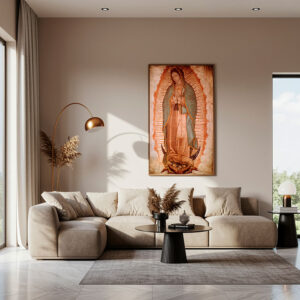 Cuadro de la Virgen de Guadalupe grande sobre sofá beige en sala moderna con lámpara dorada y decoración minimalista.