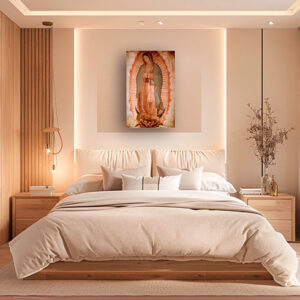 Cuadro de la Virgen de Guadalupe media en recámara moderna con tonos cálidos y mobiliario de madera, iluminación suave y estilo contemporáneo.