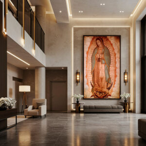 Cuadro de la Virgen de Guadalupe medida especial en sala moderna, canvas premium montado en bastidor.