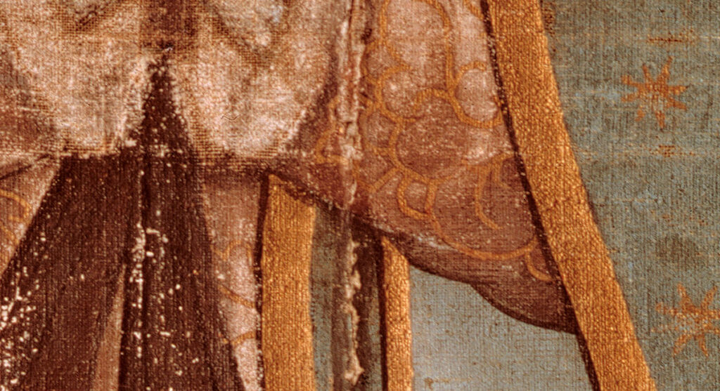 Detalle del ayate original de la Virgen de Guadalupe en la tilma de Juan Diego.