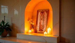 Altar iluminado con imagen y velas que representan la historia Virgen de Guadalupe.