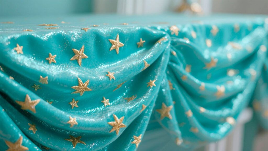 Primer plano de un manto turquesa con estrellas doradas bordadas, símbolo de elegancia y equilibrio visual dentro de los significados de la Virgen de Guadalupe.