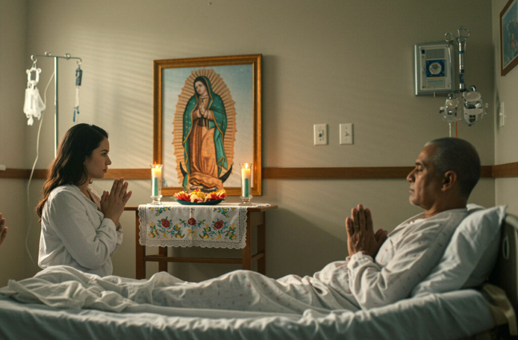 Familia agradeciendo a la Virgen de Guadalupe por un milagro en el hospital