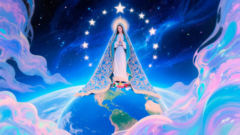 Representación simbólica del mundo bajo el manto de la Virgen de Guadalupe