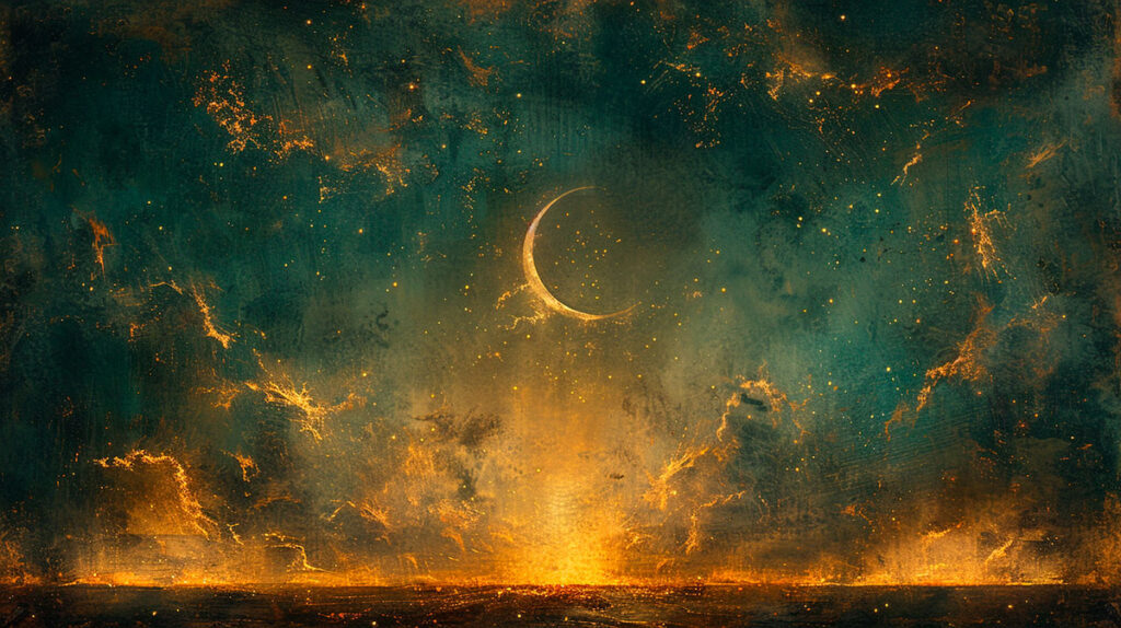 Composición abstracta con rayos dorados que irradian sobre una luna en cuarto menguante, inspirada en los significados de la Virgen de Guadalupe y la armonía entre luz y oscuridad.”